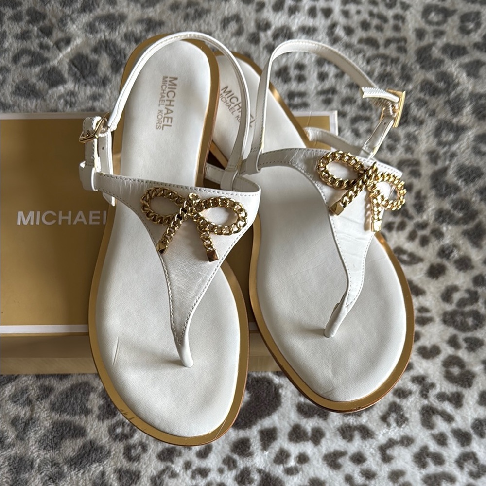 Michael Kors White and Gold Sandals with Gold Bow